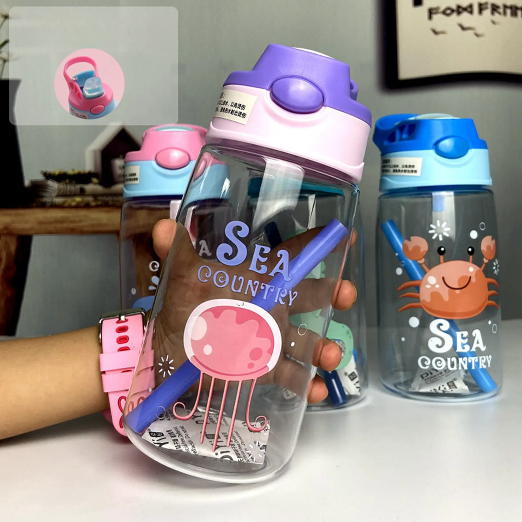 16 Oz. Cartoon Plastic Water Bottle with Straw 11