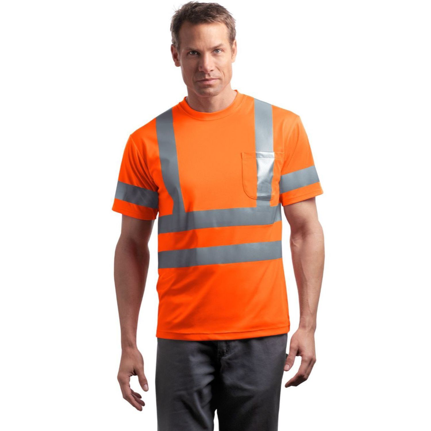 3.8 oz. Polyester Class 3 Double Band Reflective Tape Safety T-Shirt with Pocket 5