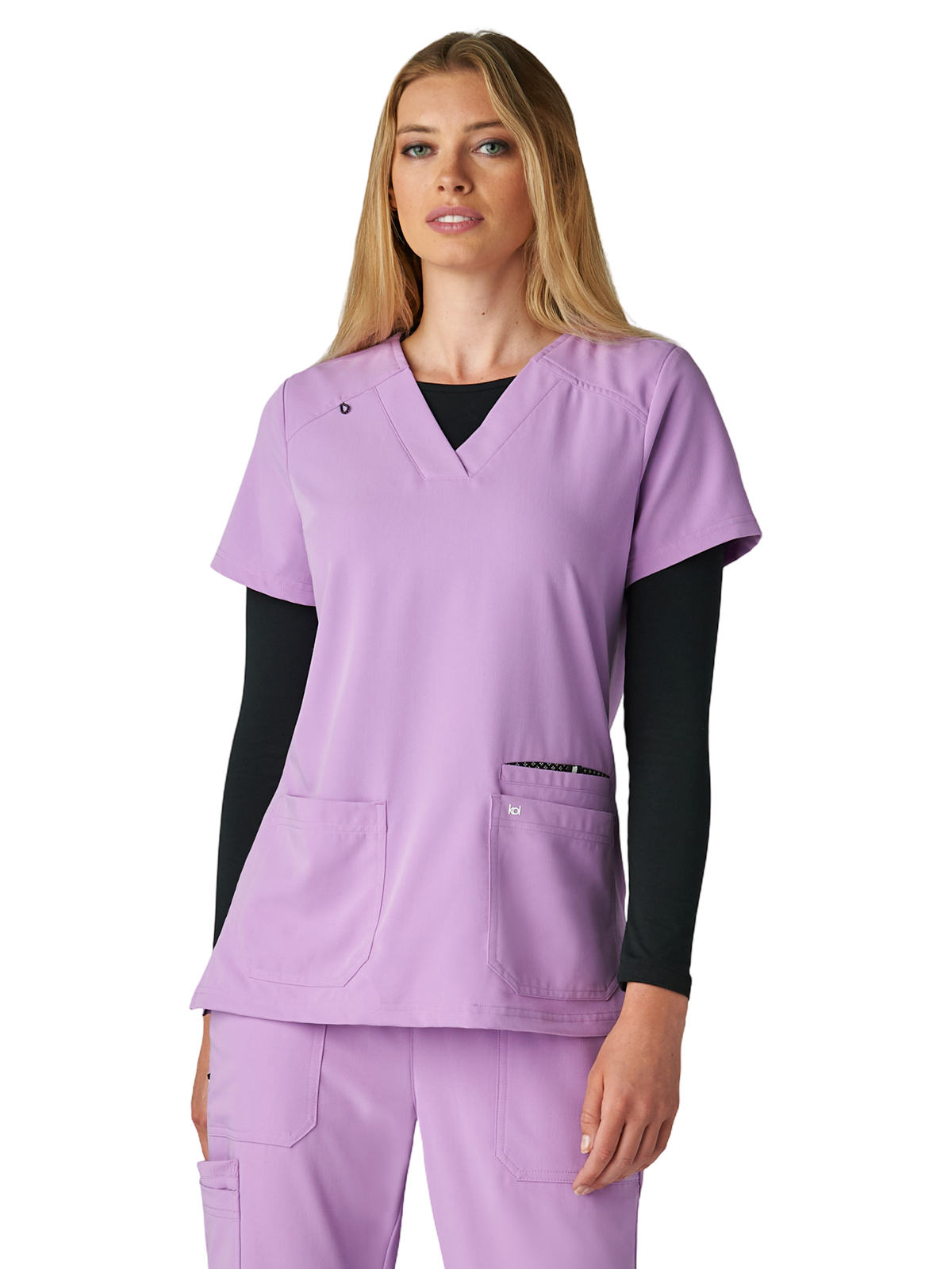 koi - Next Gen - Women's Three-Pocket Wide V-Neck Stretch Hustle and Heart Top 54