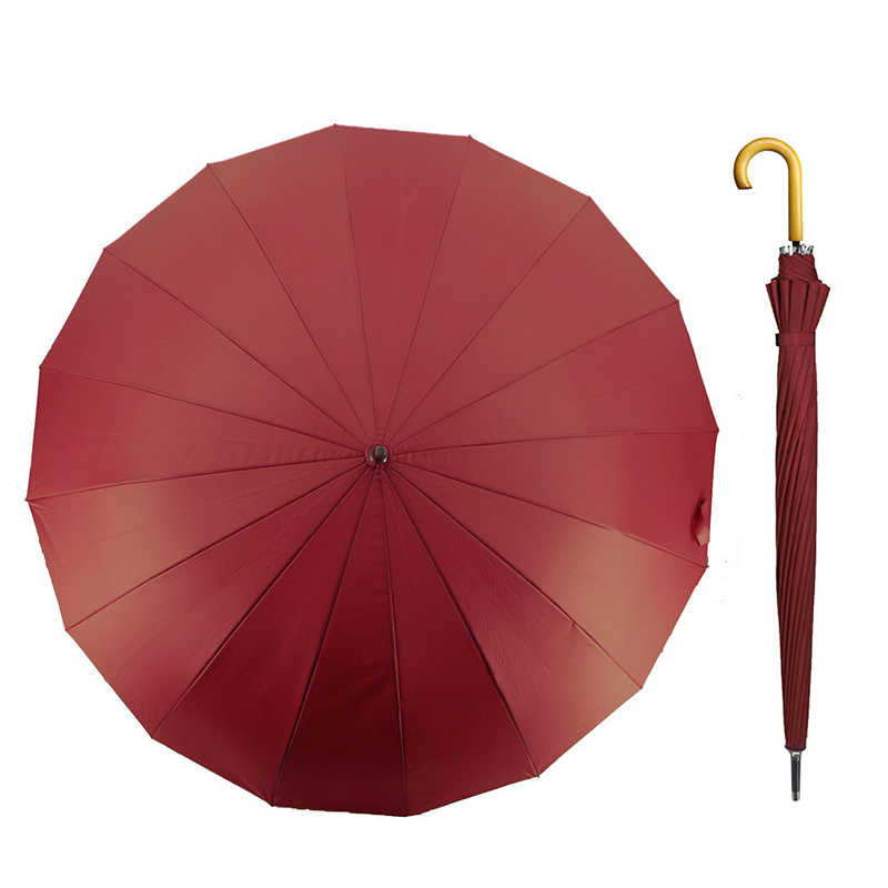 16 Ribs Auto Open Classic Wooden J Handle Cane Stick Golf Rain Umbrellas 4