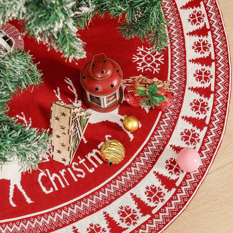 Red Knitted Christmas Tree Skirt with Snowflake & Reindeer 4