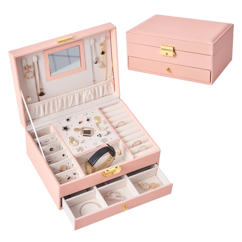 Custom 2-Layer PU Jewelry Organizer Box with Drawer & Mirror 8