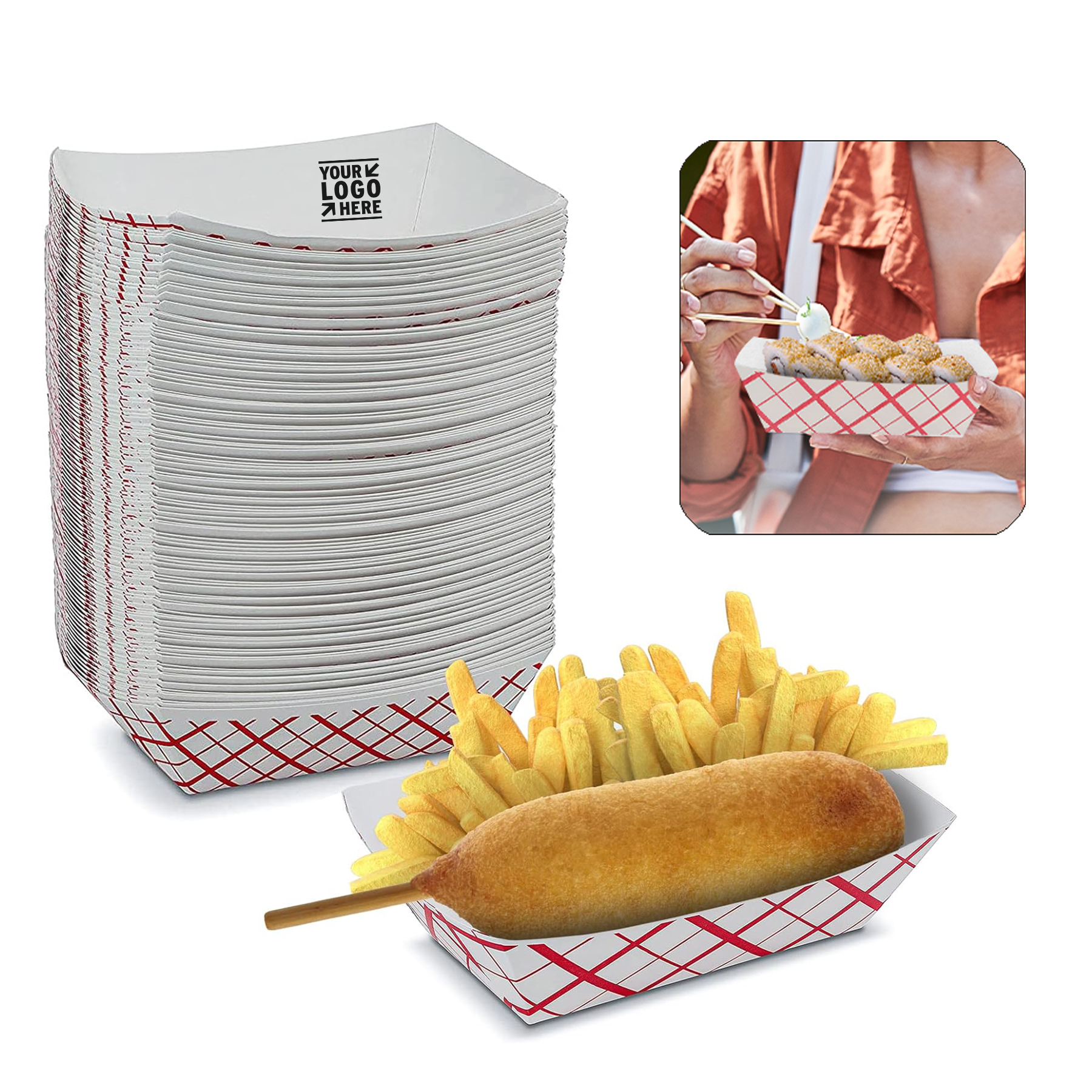 5"x 7.1"x 2" Classy Red and White 3 lb Disposable Plaid Paper Food Boat Tray 2