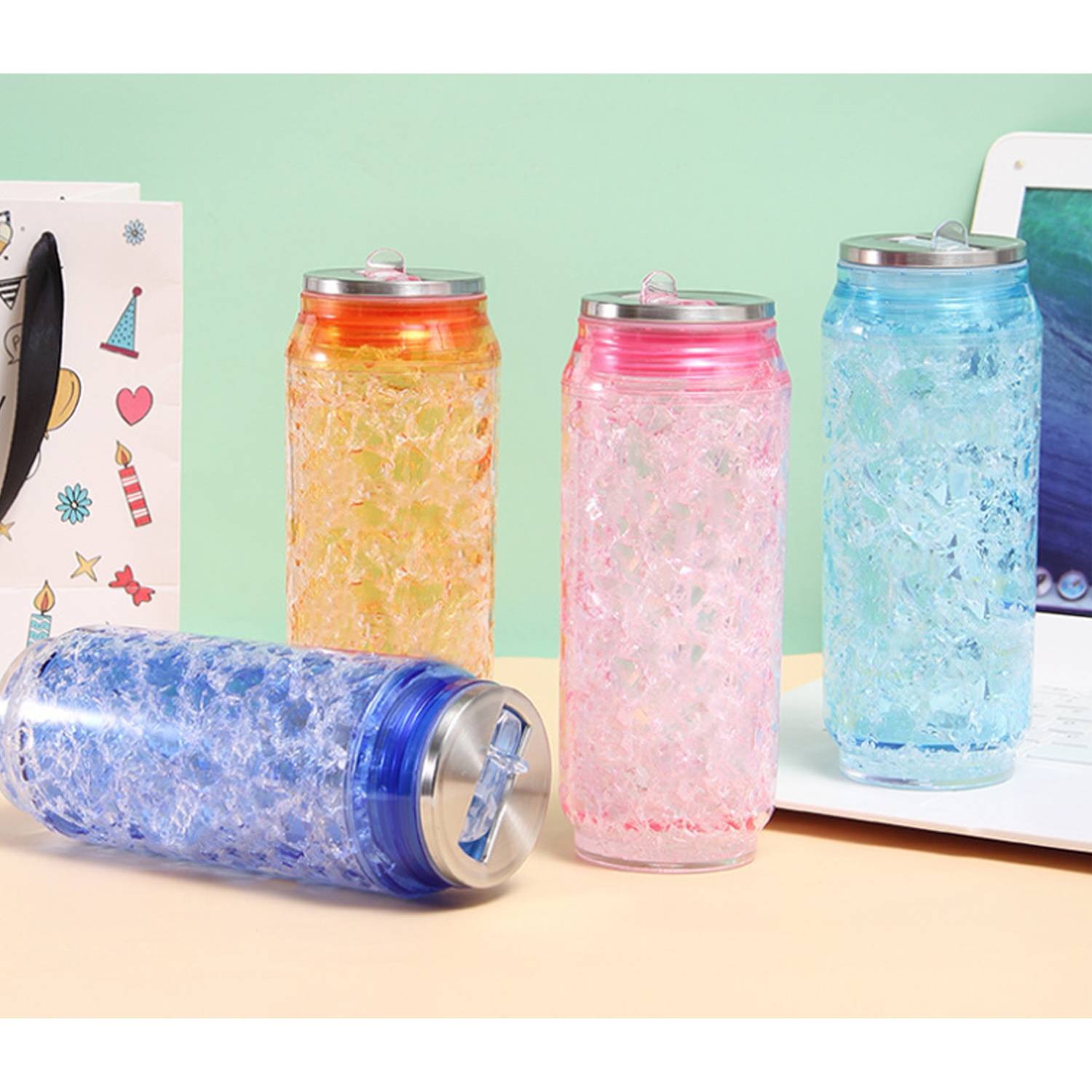 16oz Double Wall Plastic Ice Cans Straw CupWater Bottles 1