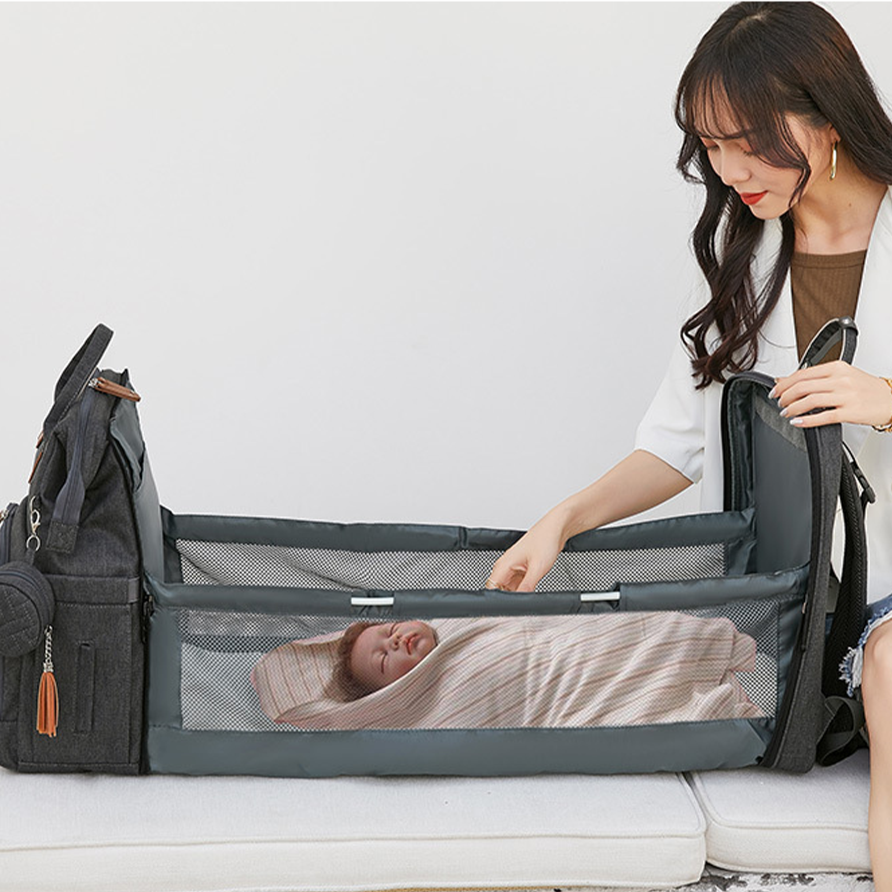 3 in 1 Diaper Bag Backpack with Bassinet Bed Mat Pad 8