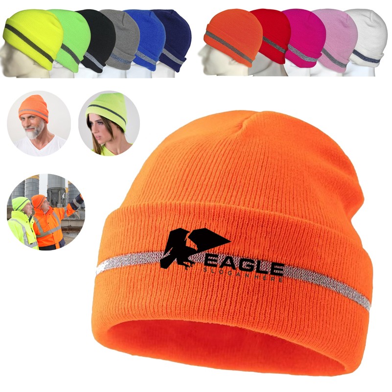 Reflective Striped Lined Fluorescent Knitted Beanie Hat 1