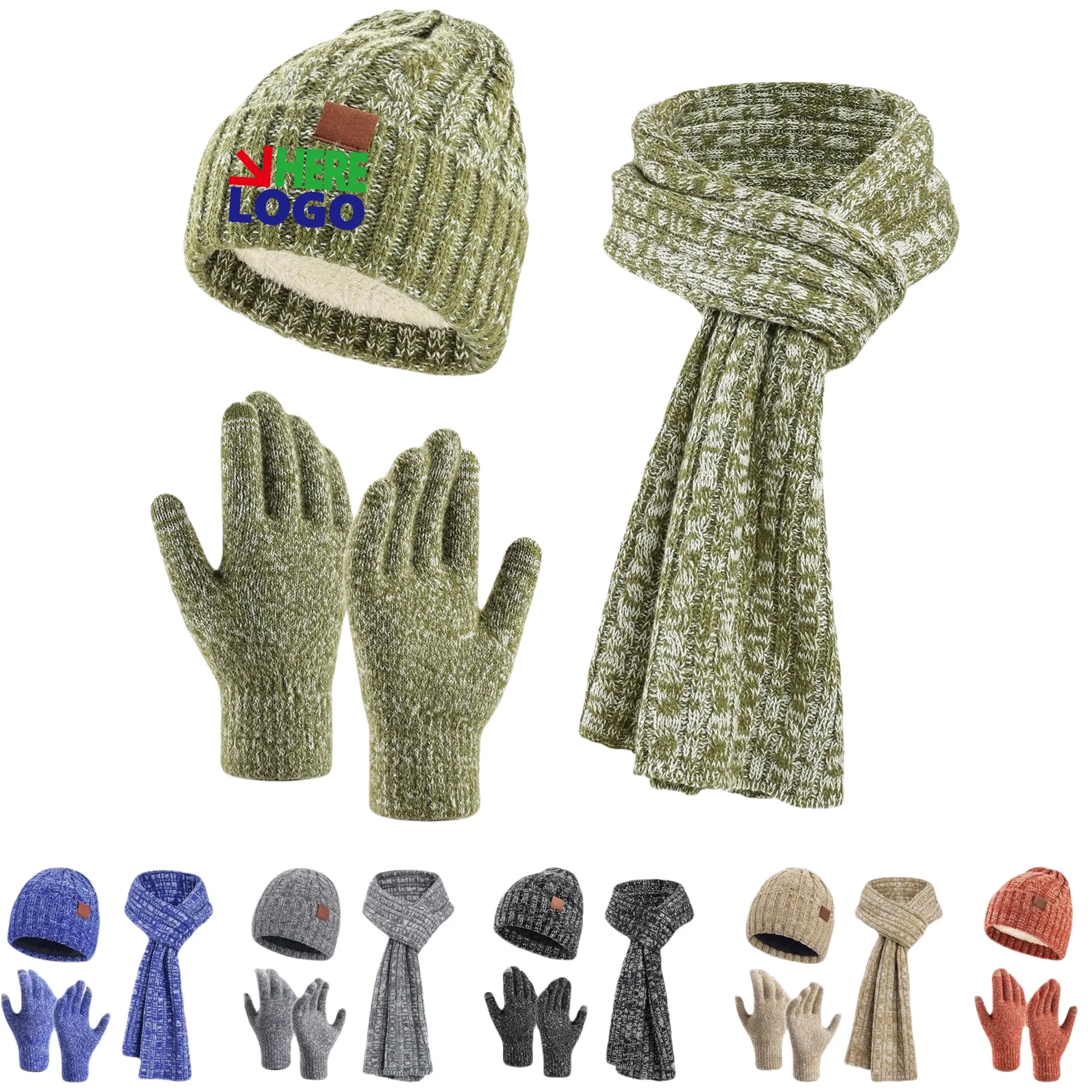Winter Knit Warm Hat Scarf Touch Screen Gloves Set 3