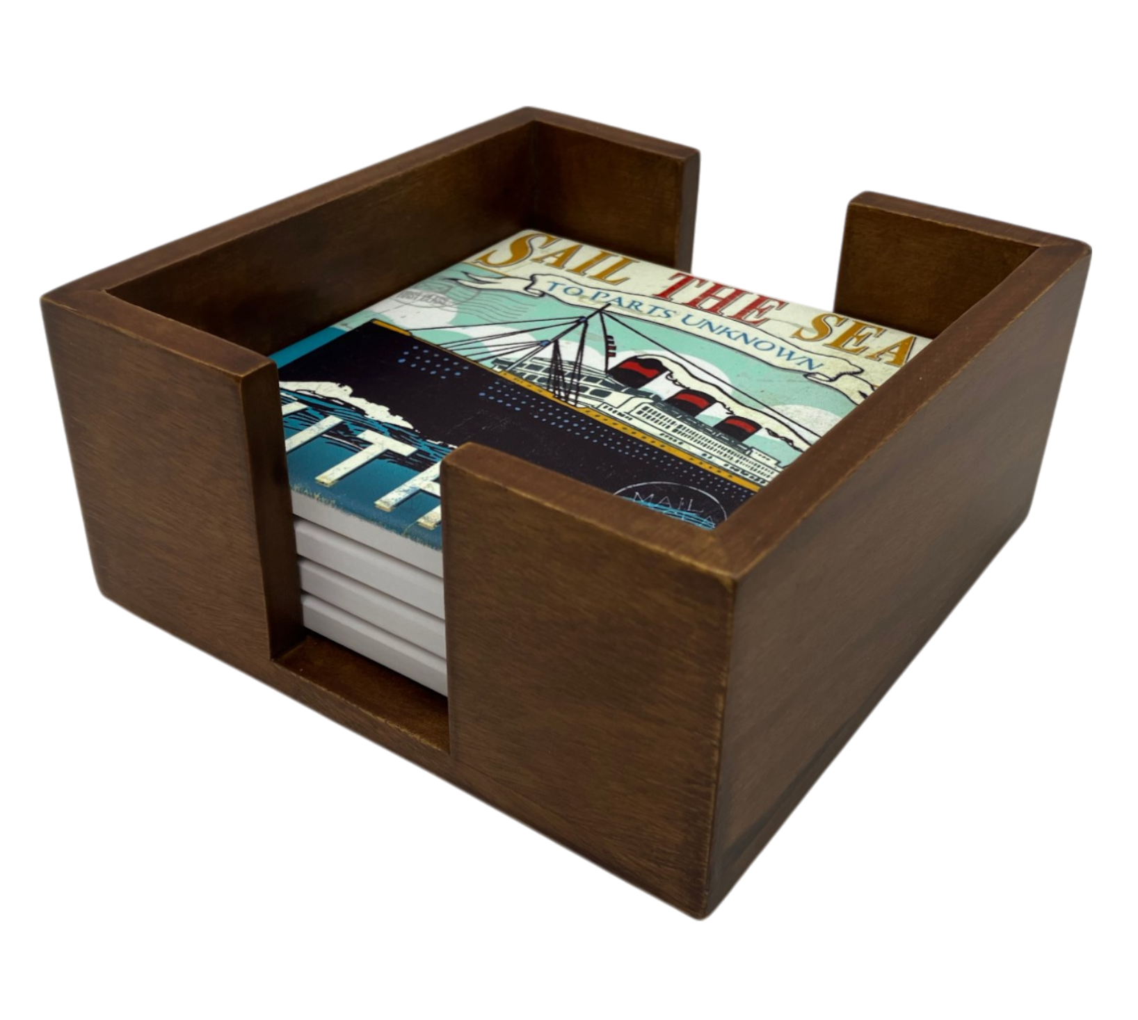 Walnut Finish Wooden 4 Coaster Holder Sets 1