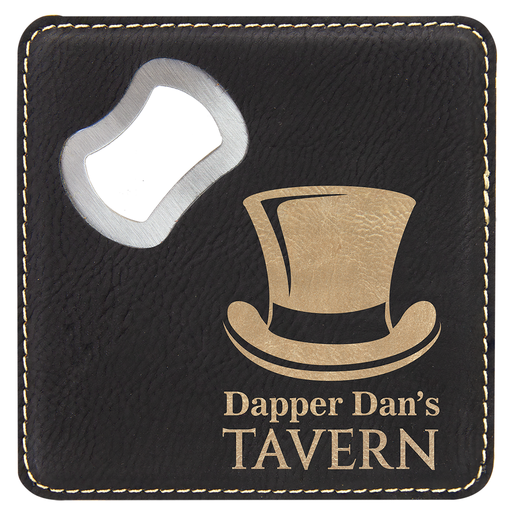 4" x 4" Square Black/Gold Leatherette Coaster w/ Bottle Opener