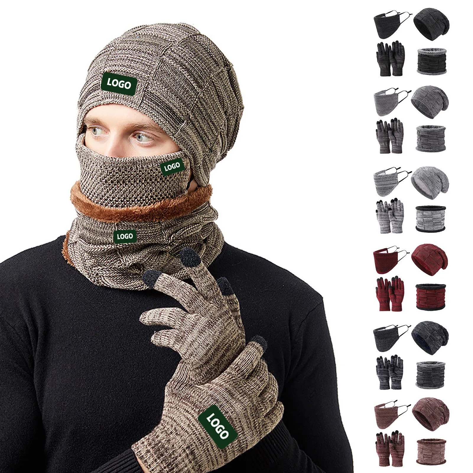 4 pcs Winter Beanie Hat Touchscreen Gloves Warm Set 2