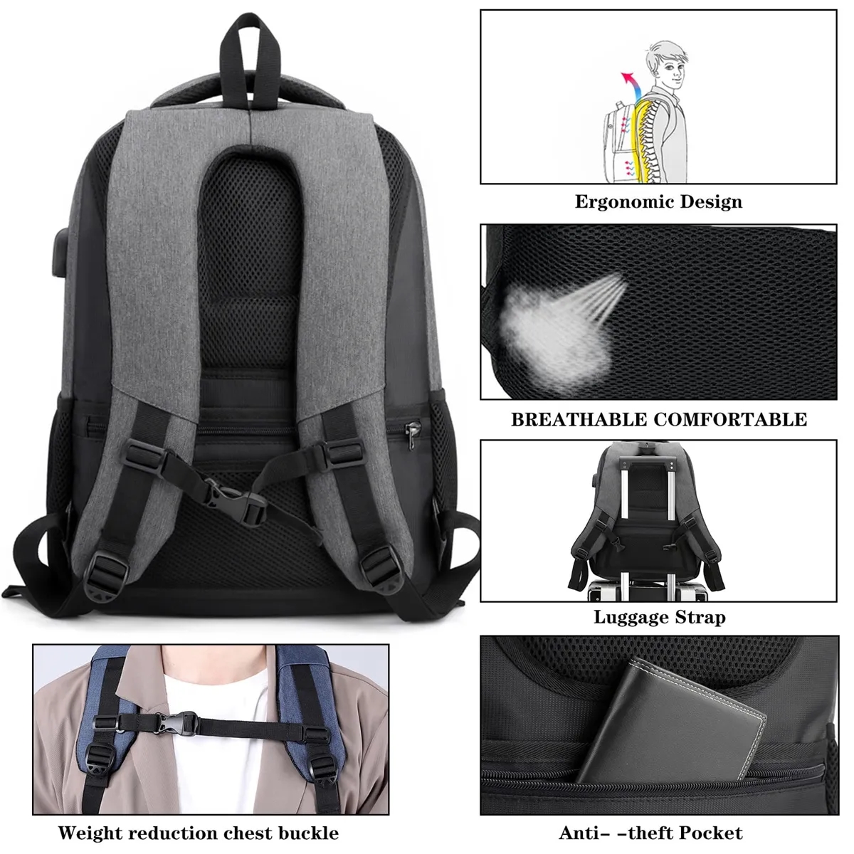 Business Anti Theft Laptops Backpack withUSB Charging Port 8