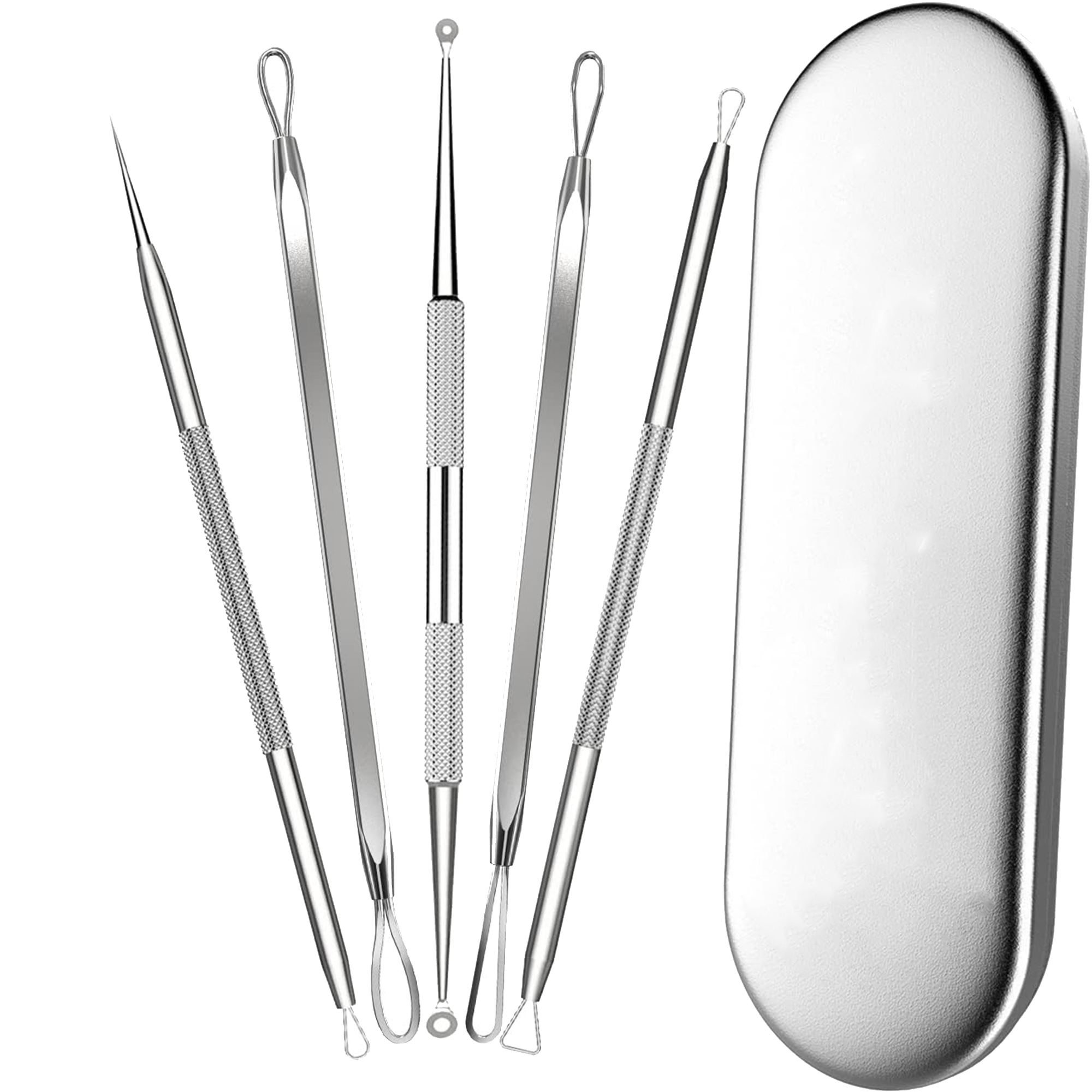 5-Piece Blackhead Remover Kit with Metal Case, Dual-Ended Stainless Steel Pimple Extractor Tool 5