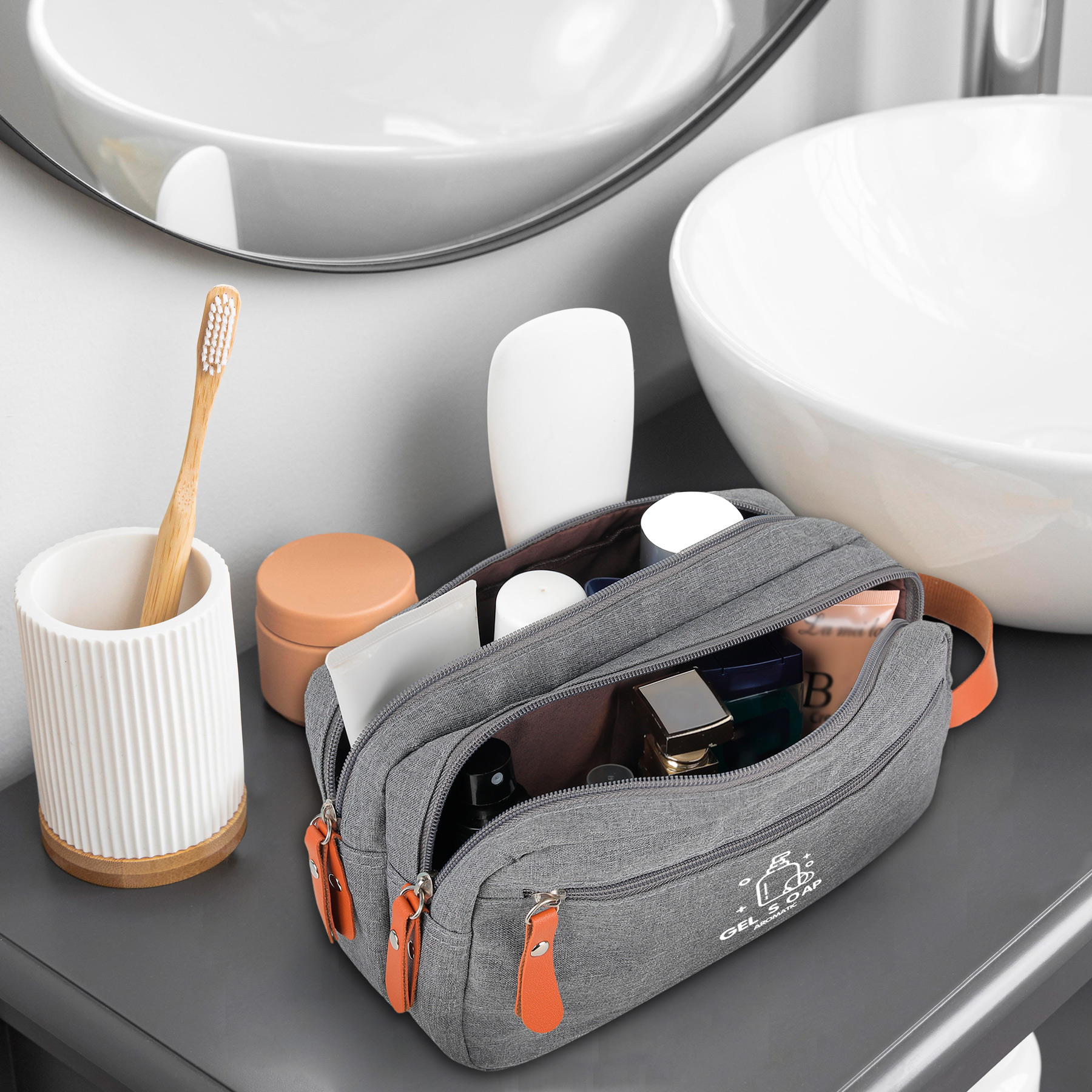 Dual Compartment Travel Toiletry Bag with Tech Organizer Pocket 6