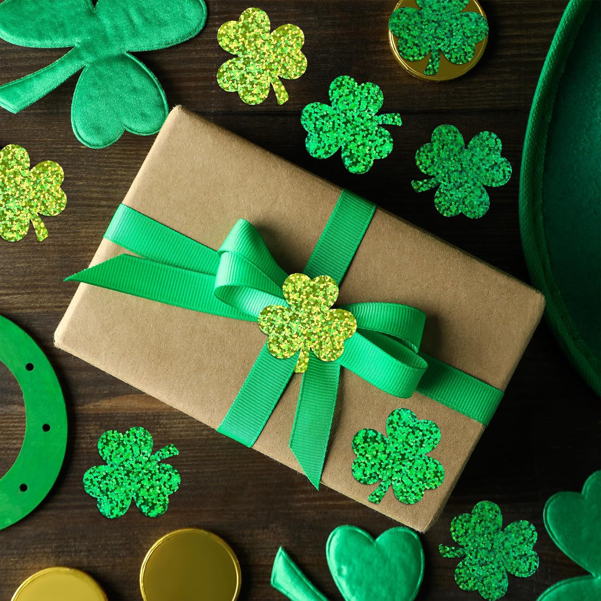 Festive Glitter Shamrock Stickers Tri-Color Green PET Design 1