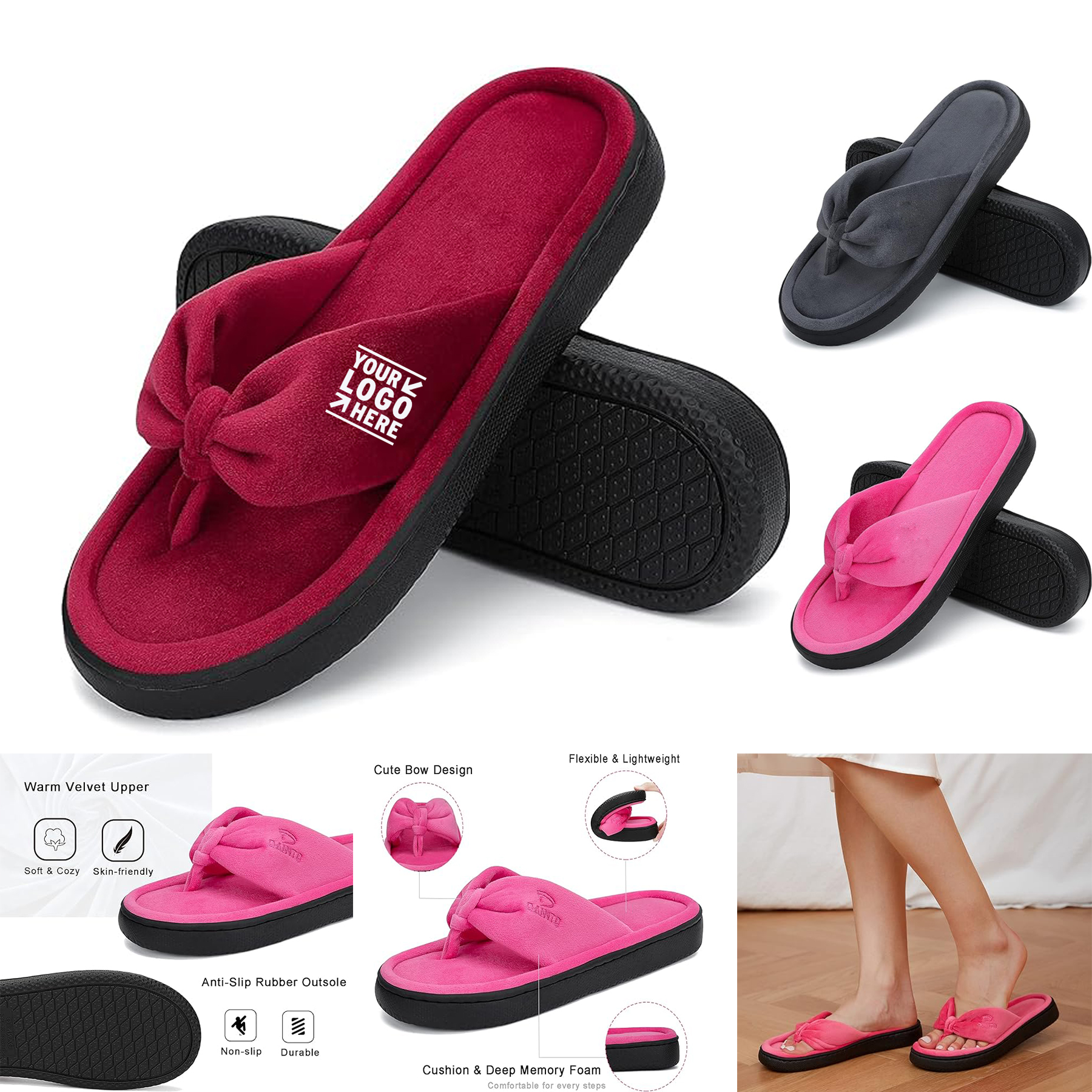 Breathable Women's House Slippers Memory Foam Flip Flops Thong Indoor Shoes 2