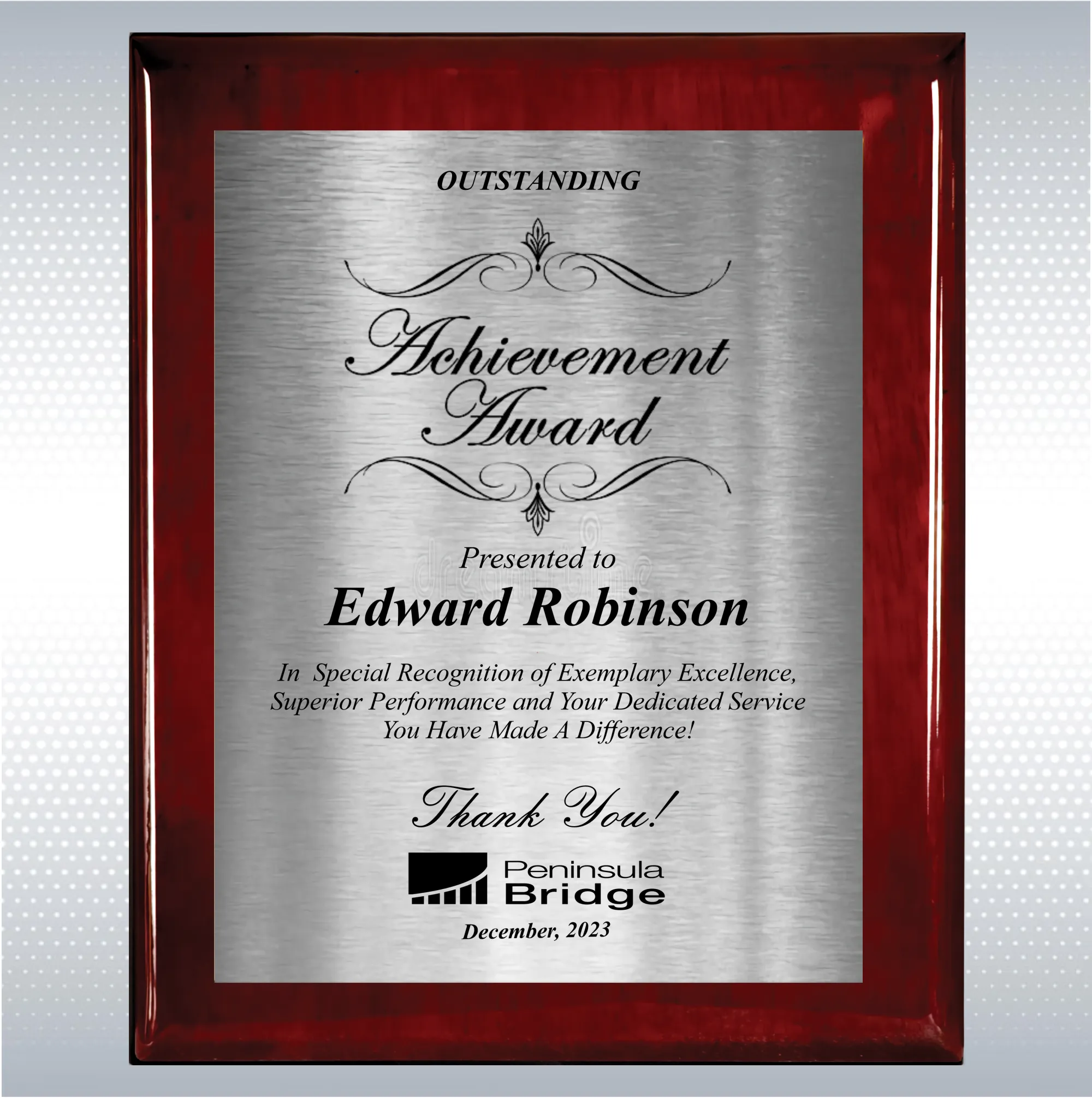 Rosewood Piano Wood Excellence Employee Recognition Plaque 17
