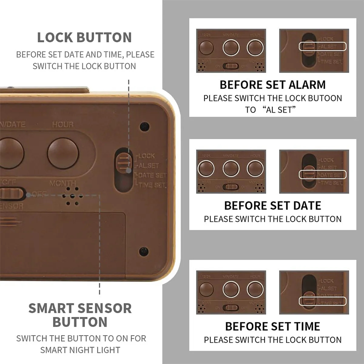 Bamboo Wooden LCD Alarm Digital Clock With Night Light Temp 5