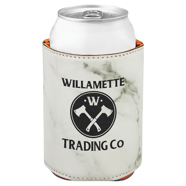 3 3/4" White Marble Leatherette Beverage Holder, custom koozie with logo imprint 3