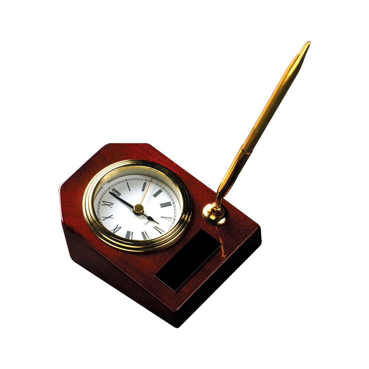 3 5/8" x 4" Rosewood Piano Finish Desk Clock with Pen 2