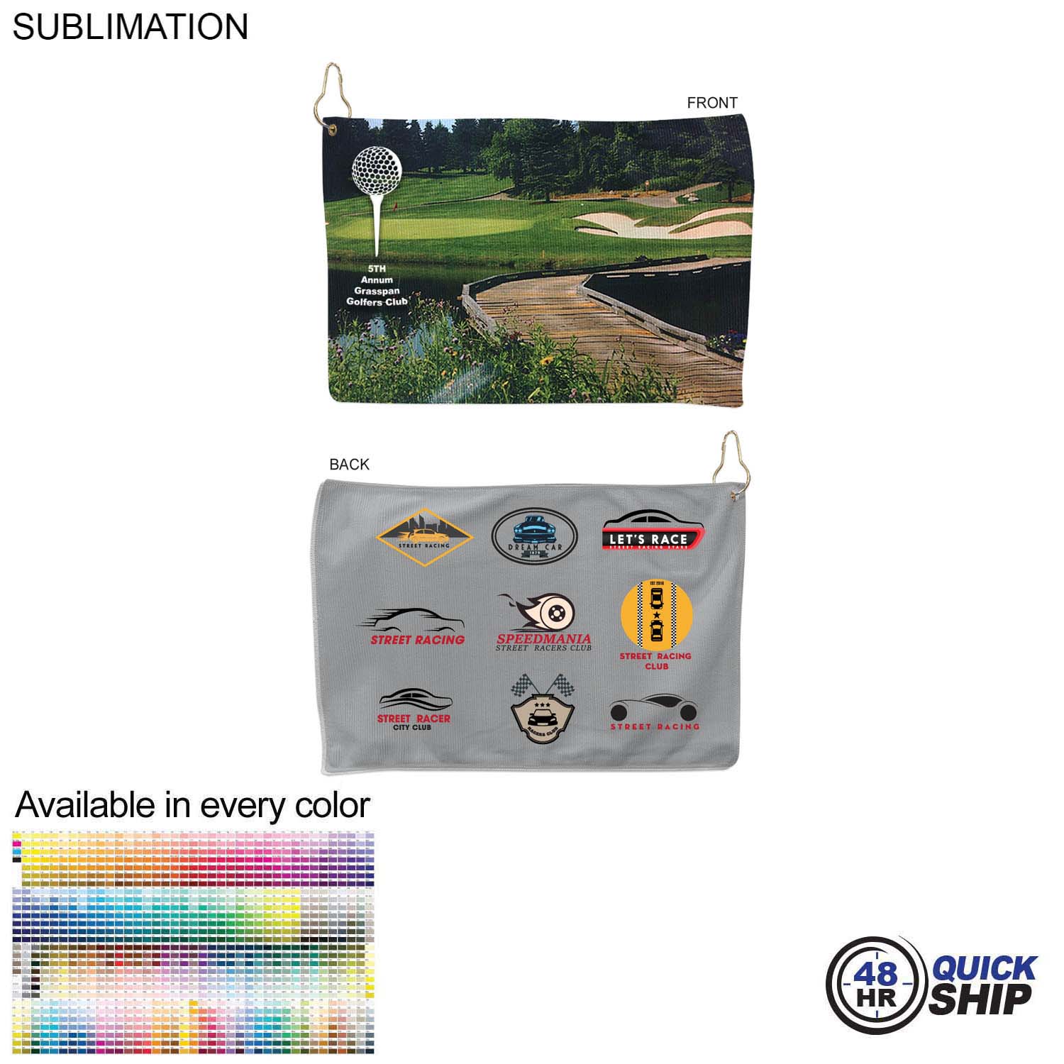 48Hr Quick Ship - Microfiber Terry Golf Towel, Finished size 12x18, Nofold, Sublimated 2 sides 3