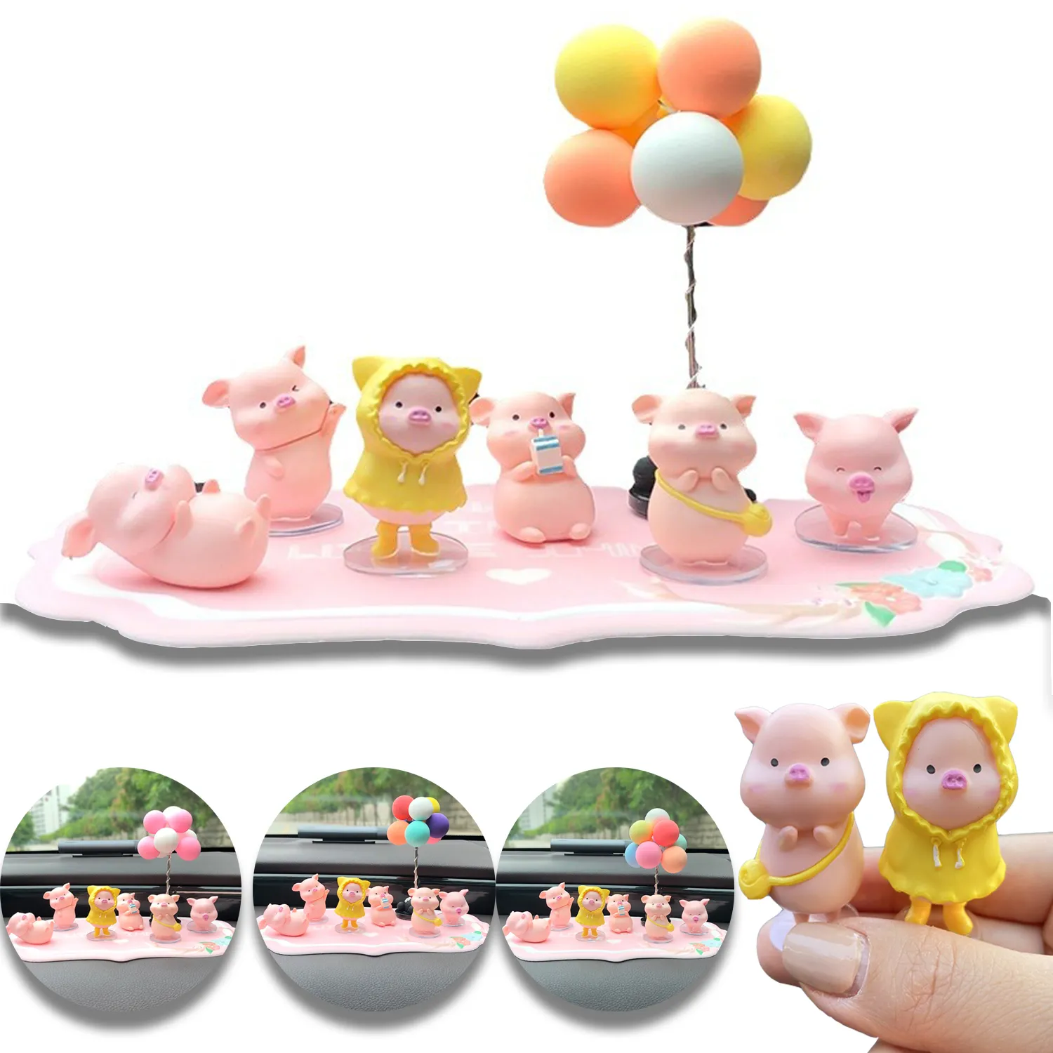 6PCS Cute Pig with Balloon Car Dashboard Decorations 3