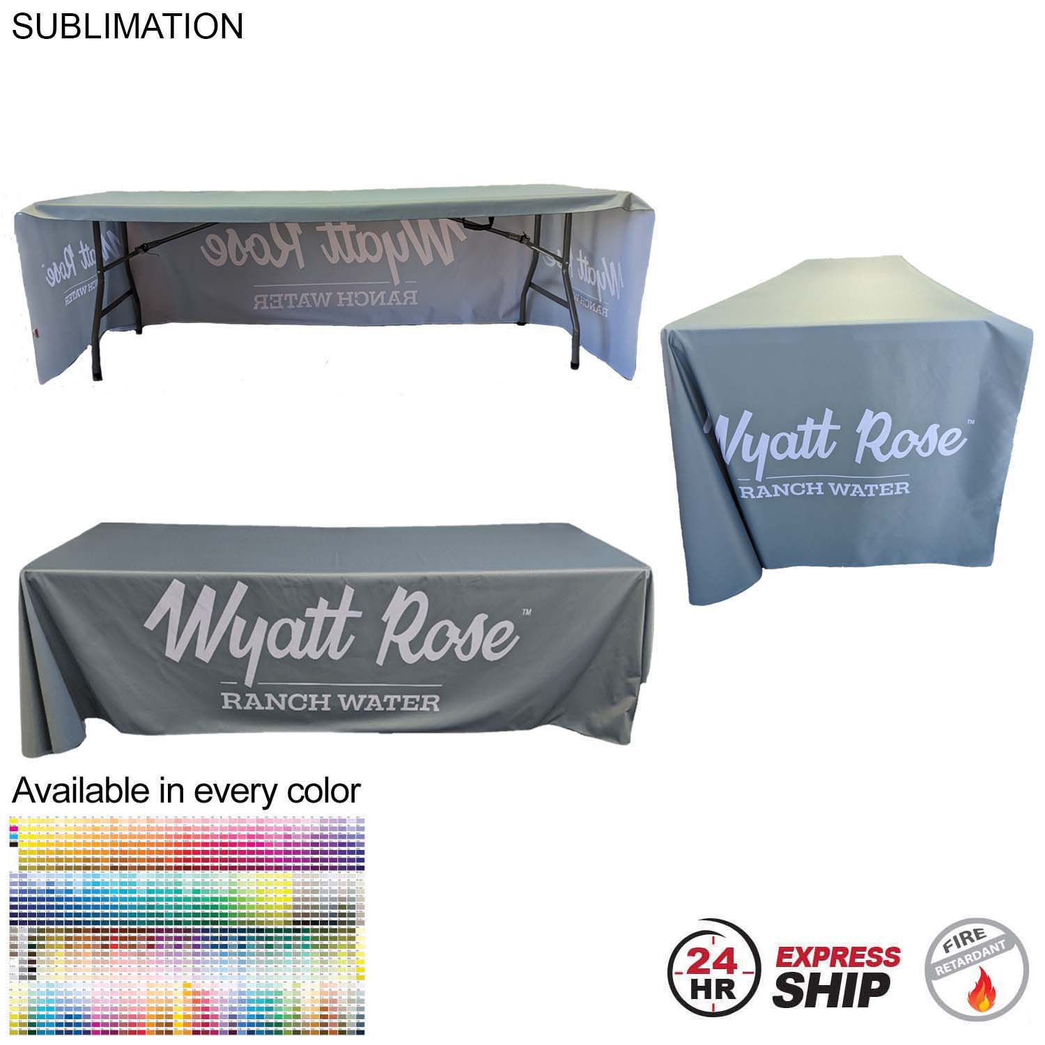24Hr Express Ship - Sublimated PREMIUM Cloth for 8' Table, Drape Style, Open Back, Rounded corners 1