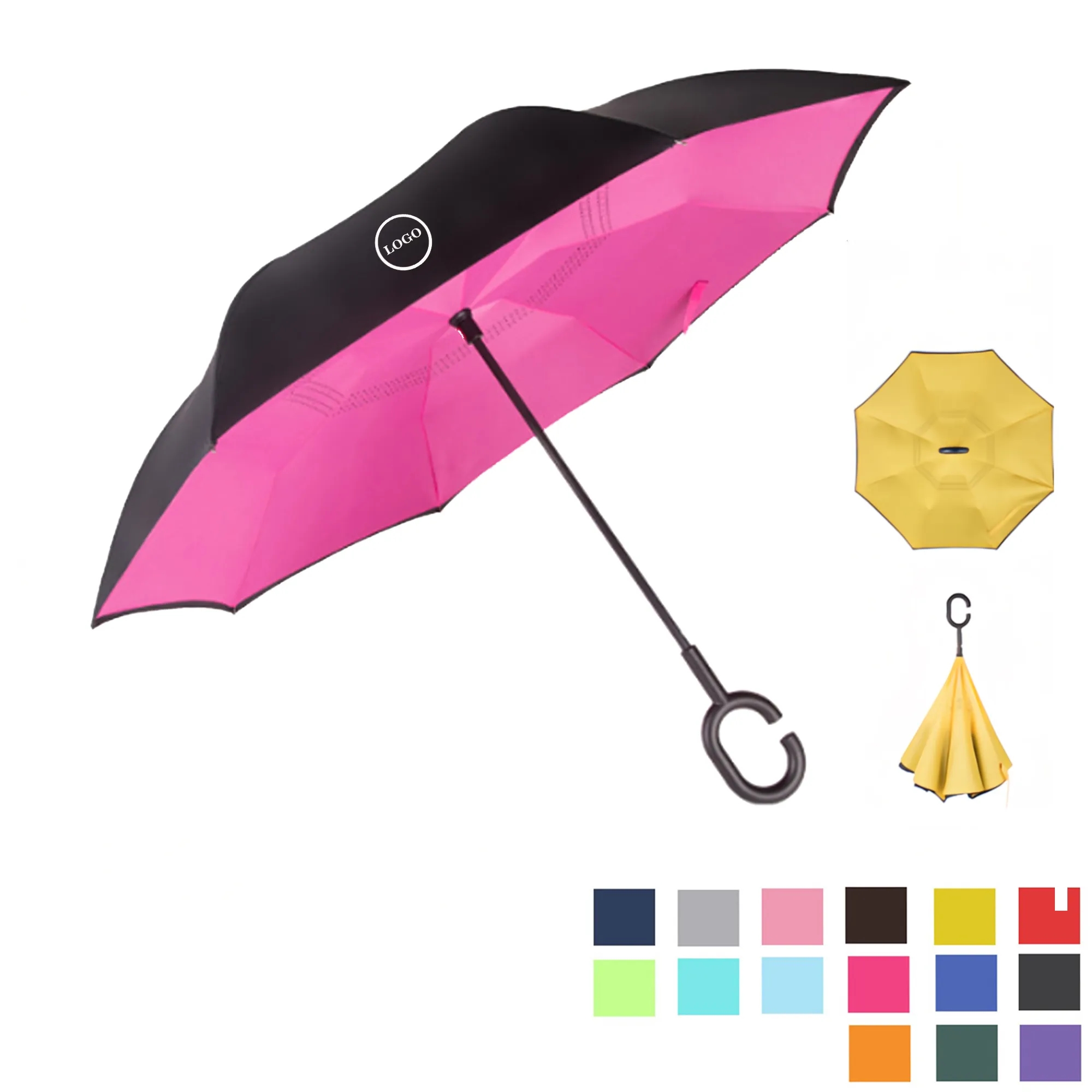 Solid Color Inverted Umbrella With C-Shaped Handle 6