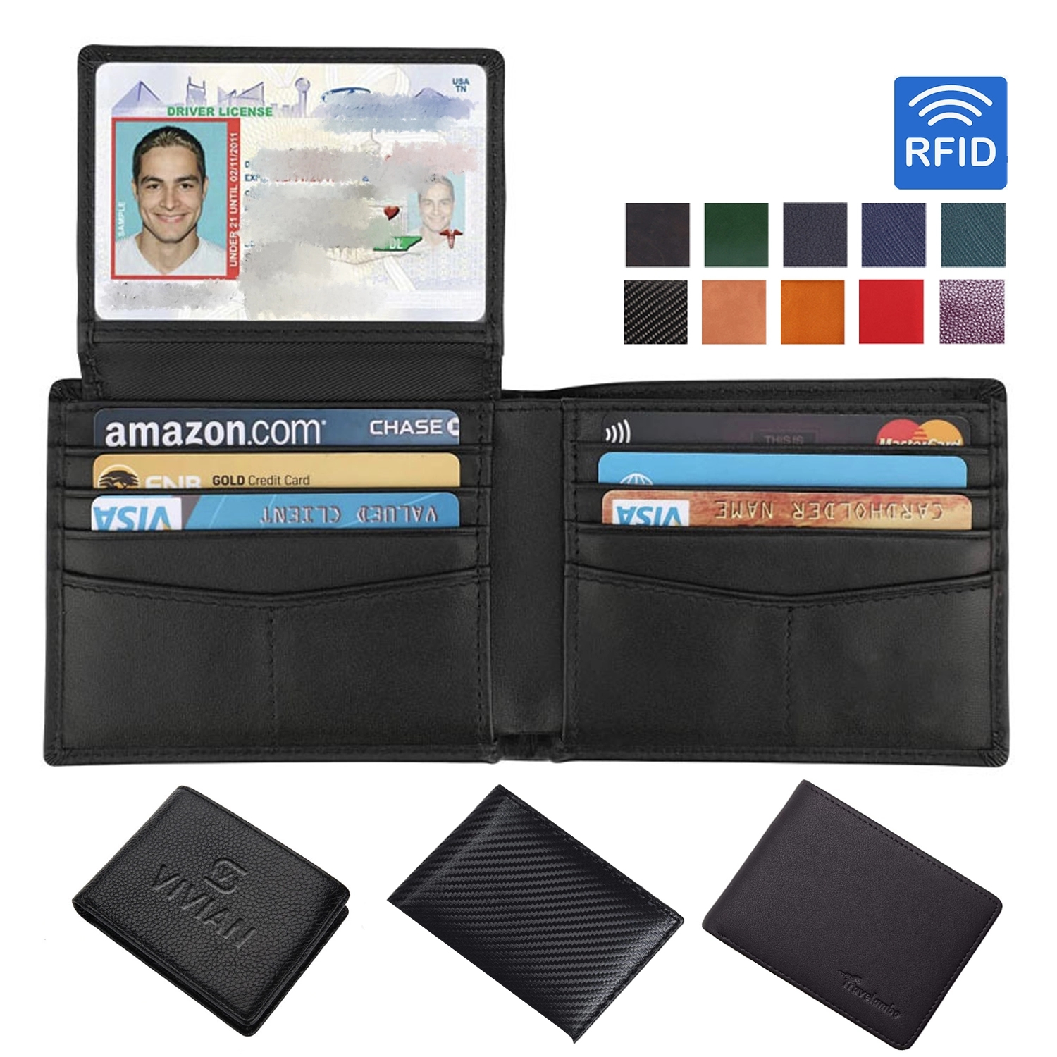 Men Geniune Leather Bifold Wallet W/ Rfid Blocking 2