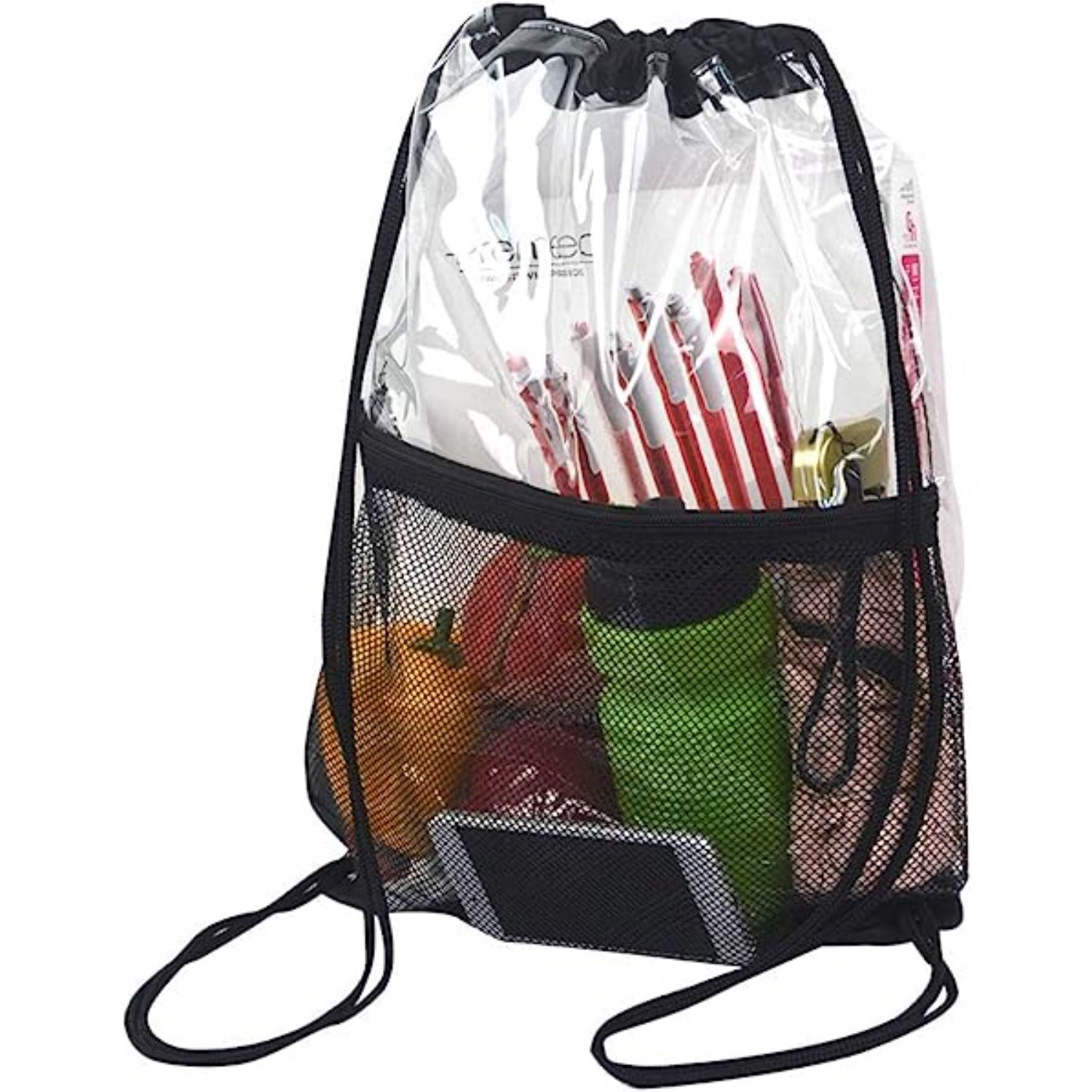 Cinch Sacks Backpack Clear PVC Drawstring Bag with Front Zipper Mesh Pocket 4