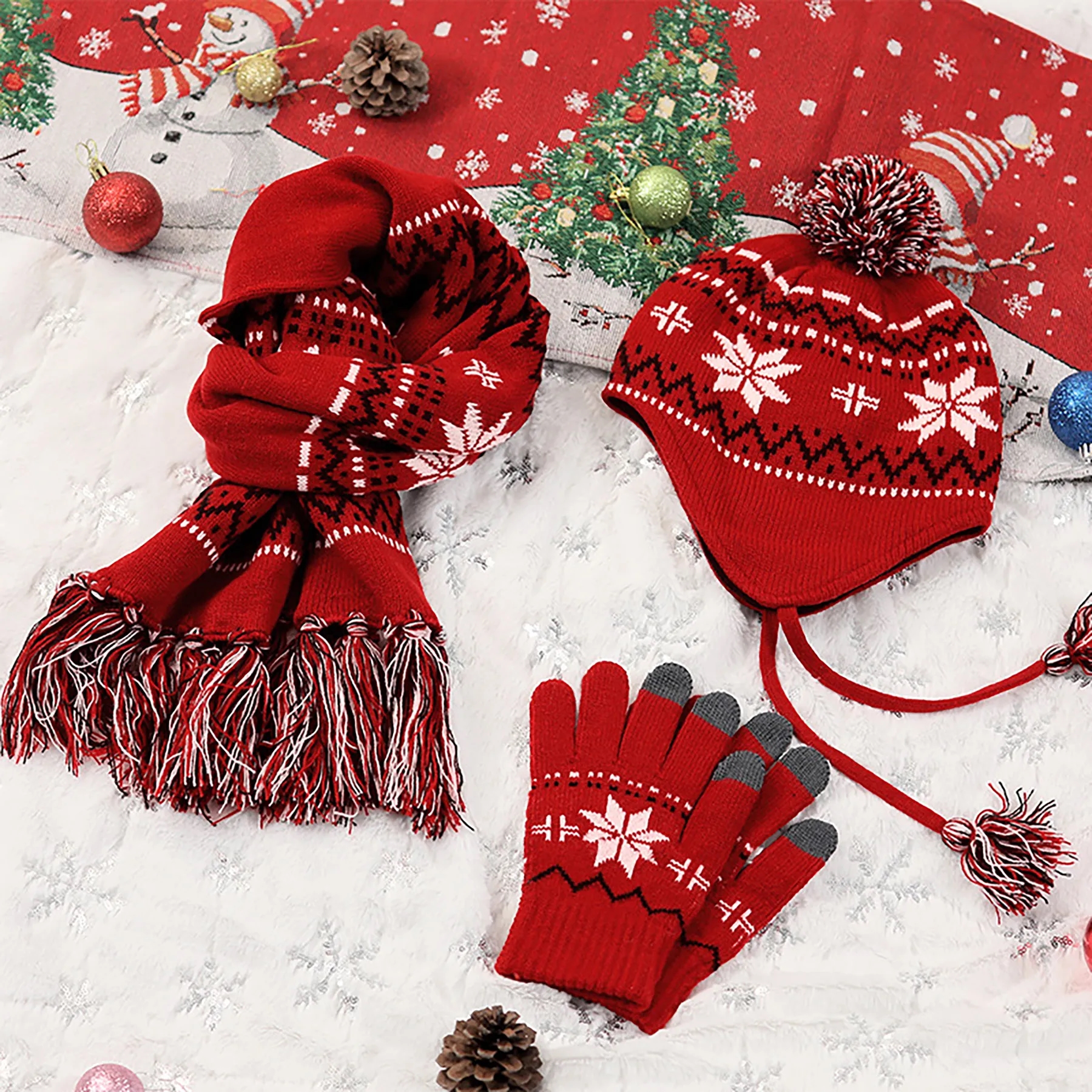 Acrylic Snowflake Knitted Christmas Hat Three Piece Set 3