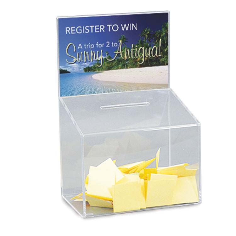Slant Top Clear Acrylic Suggestion Box with 8 5x6 Sign Holder