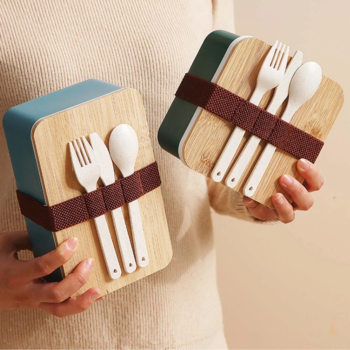 Bamboo Suqare Rectangle Bento Box Lunch Set with Utensils 5