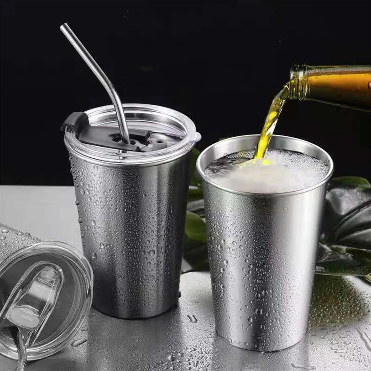 17oz. Metal Mug Pint Cups Stackable Cup With Lid And Straw 3