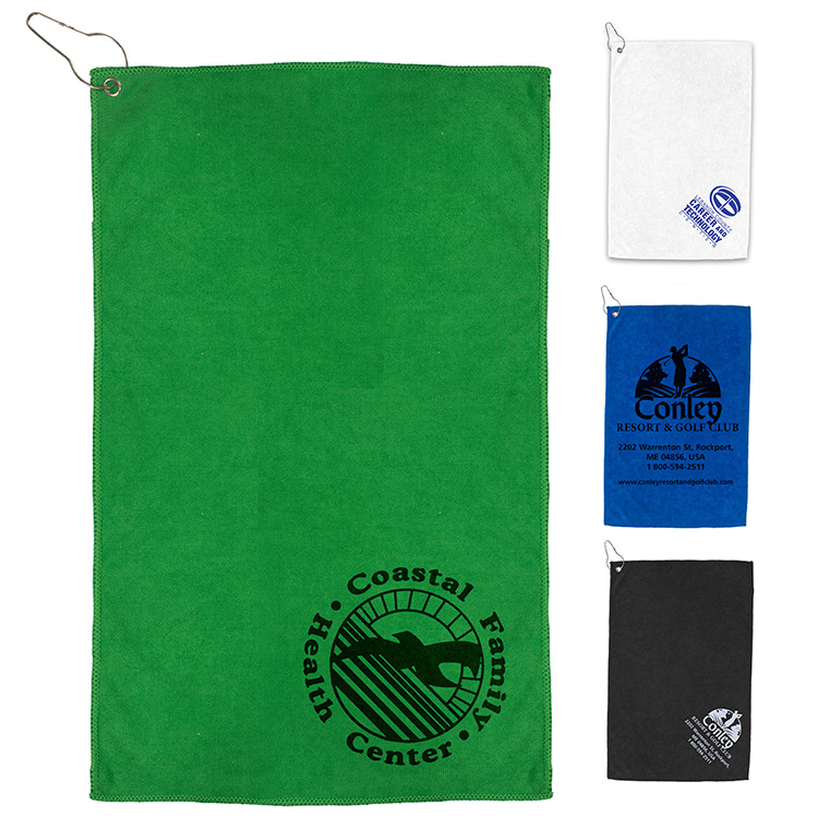 "THE IRON" Recycled RPET 300 GSM Heavy Duty Microfiber Golf Towel with Metal Grommet and Clip - 12" 7