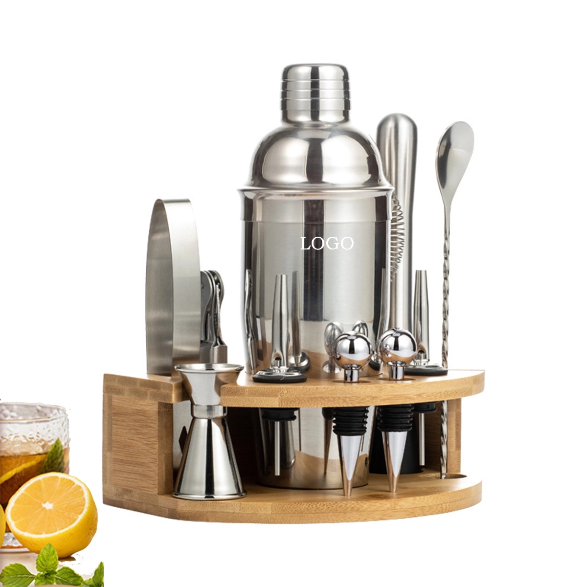 Cocktail Shaker Making Set Semicircle Eco Bamboo Stand 4