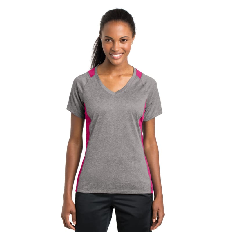Sport-Tek Women's Heather Colorblock Contender V-Neck Tee. 53