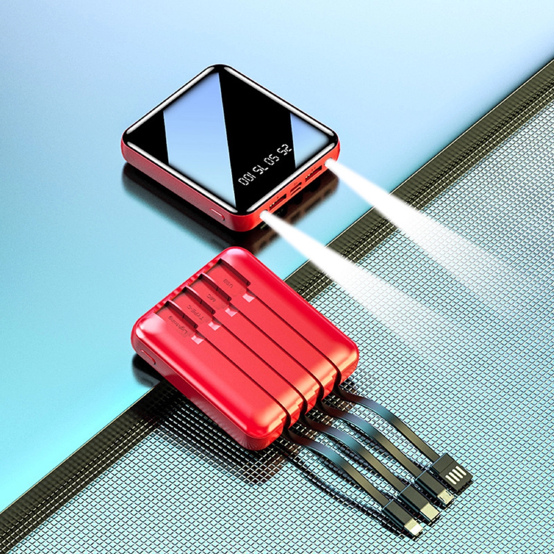 10000 mAh Square Mirror Power Bank with Built-in Cable 1