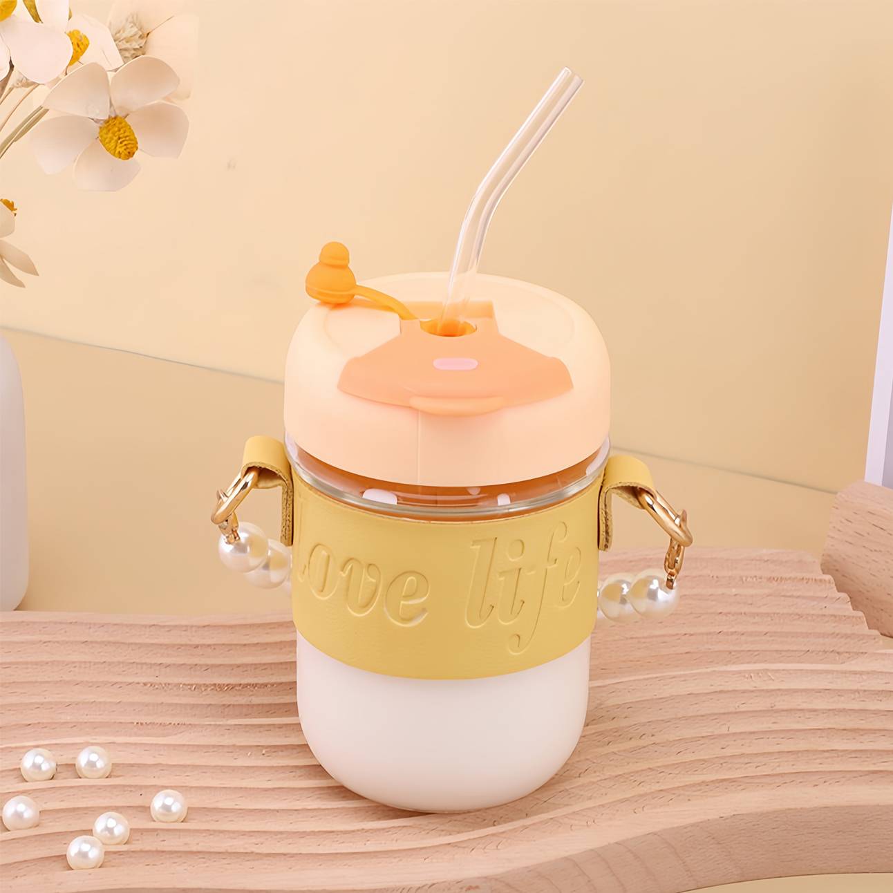 Single glass straw water bottle with pearl handle 7