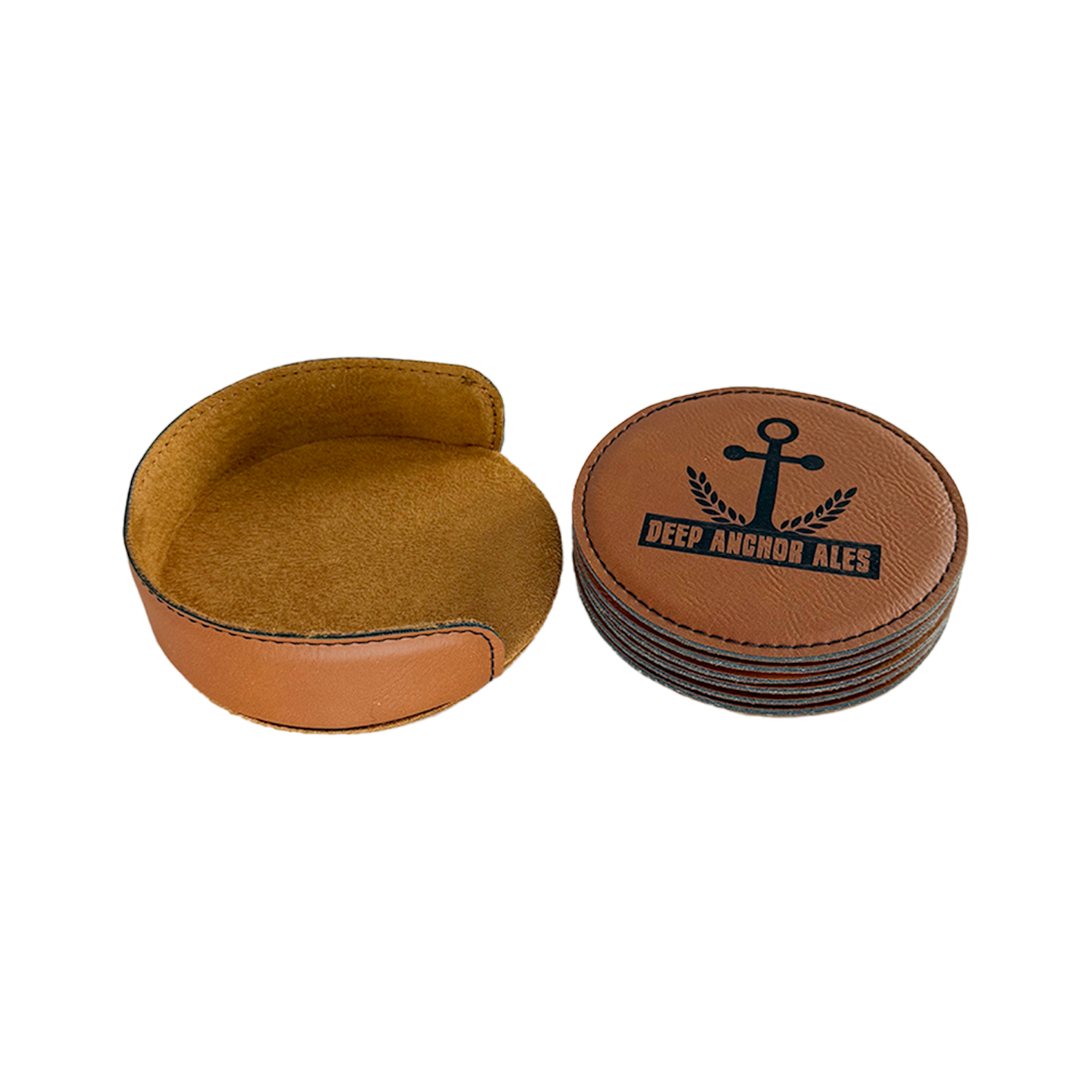 Laser Engraved Leatherette Coaster Set and Holder 1