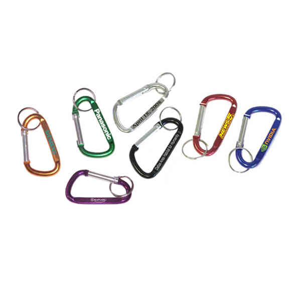 Carabiner with split key ring, solid aluminum construction.