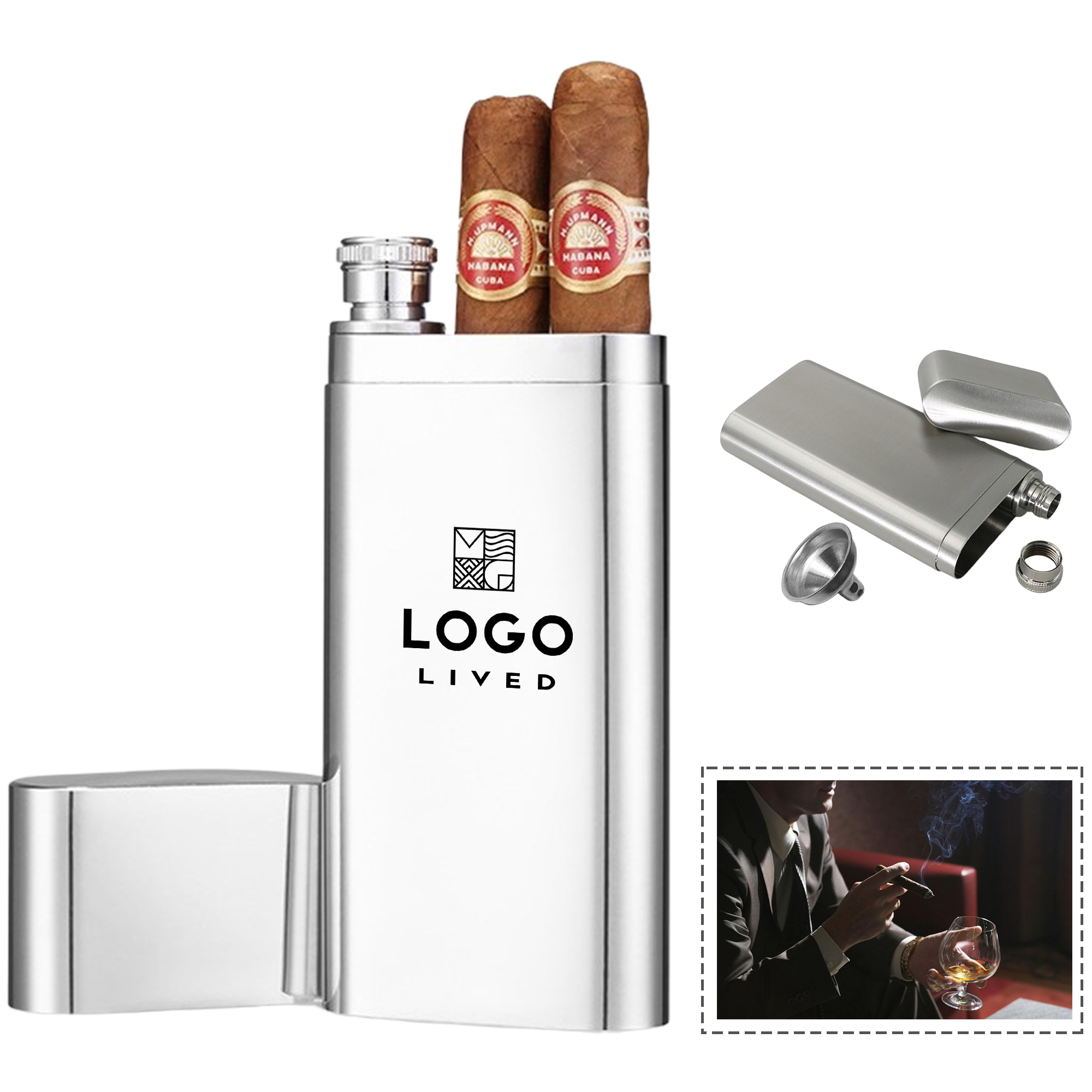 Portable Stainless Steel Hip Flask With Cigar Box 2