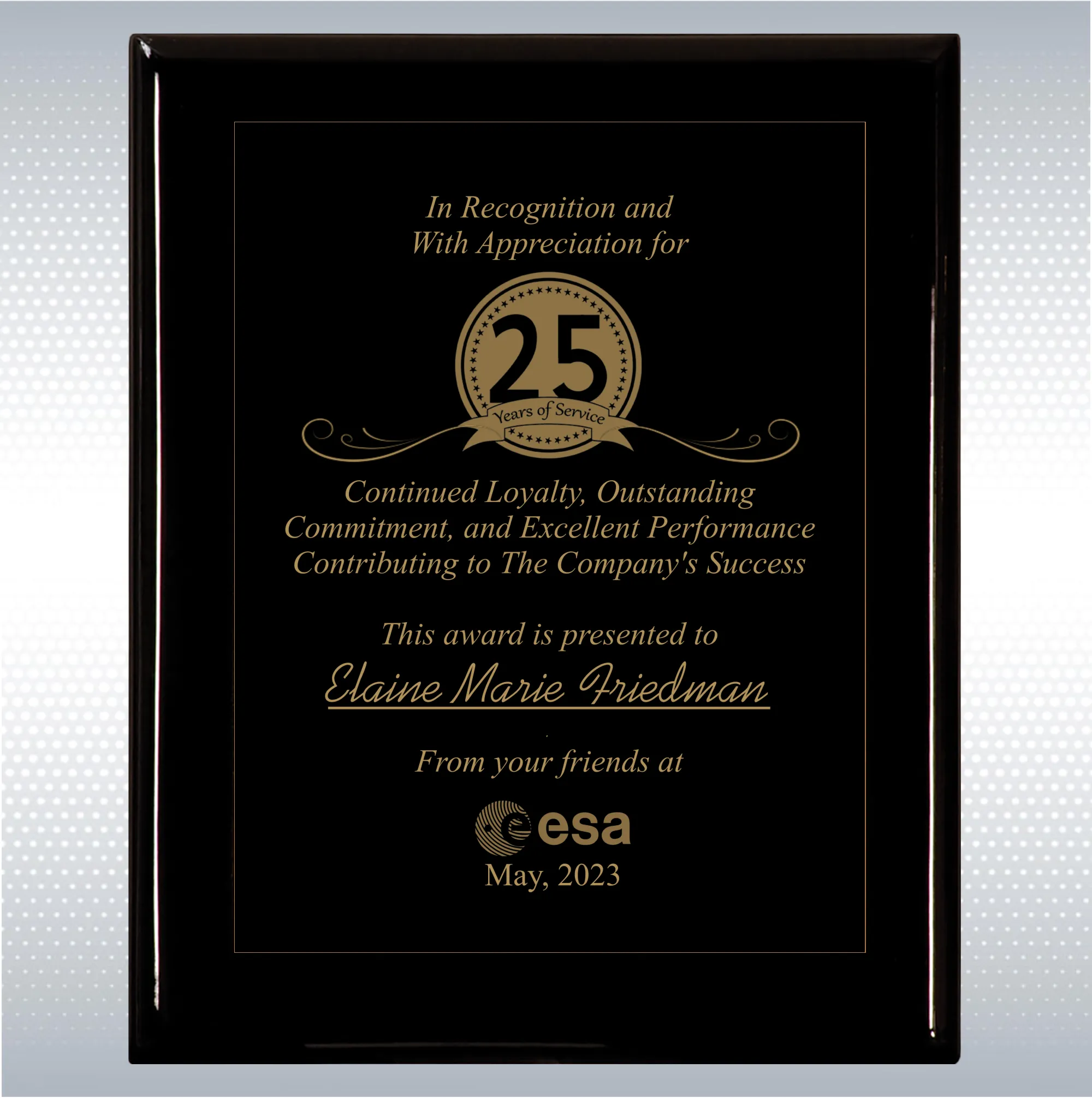 Black Piano Finish Wood Plaque Personalized Years of Service 20