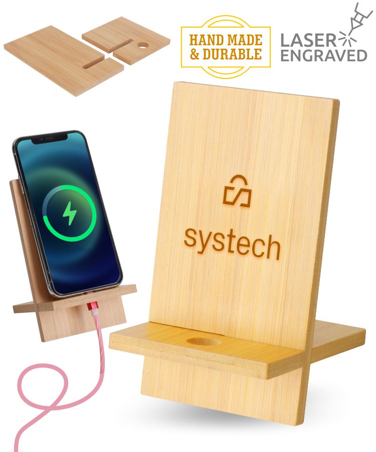 Union Printed - Detachable Phone Stand made with Genuine Bamboo - Laser Engraved 1