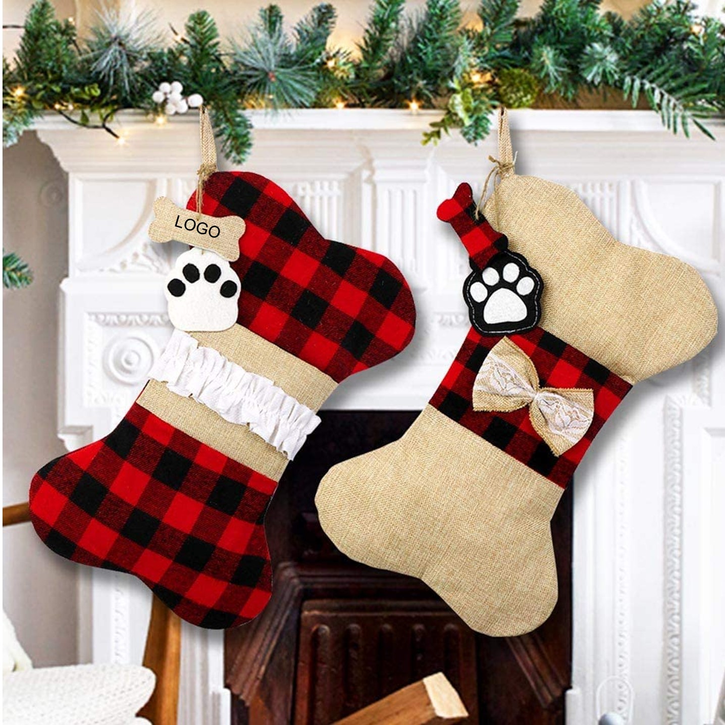 Pet Dog Christmas Stockings, Burlap Plaid Large Bone Shape Pets Stockings 2