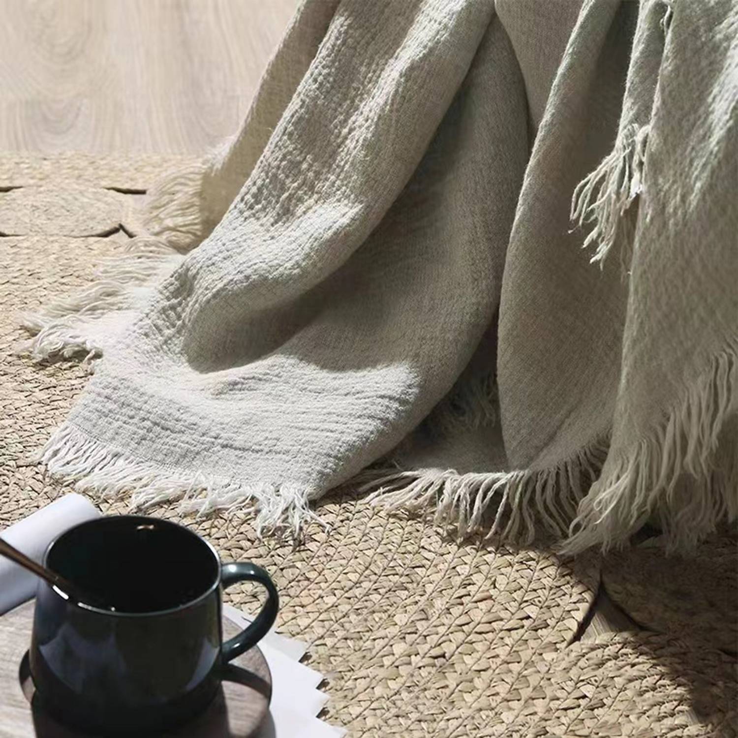 Soft Breathable Lightweight Yarn Linen Blanket with Fringe 5