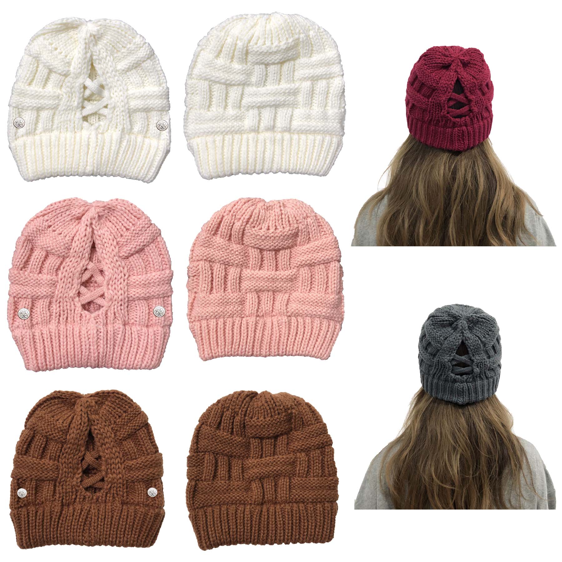Winter Knitted Ponytail Beanie Hat With Mask Button 2