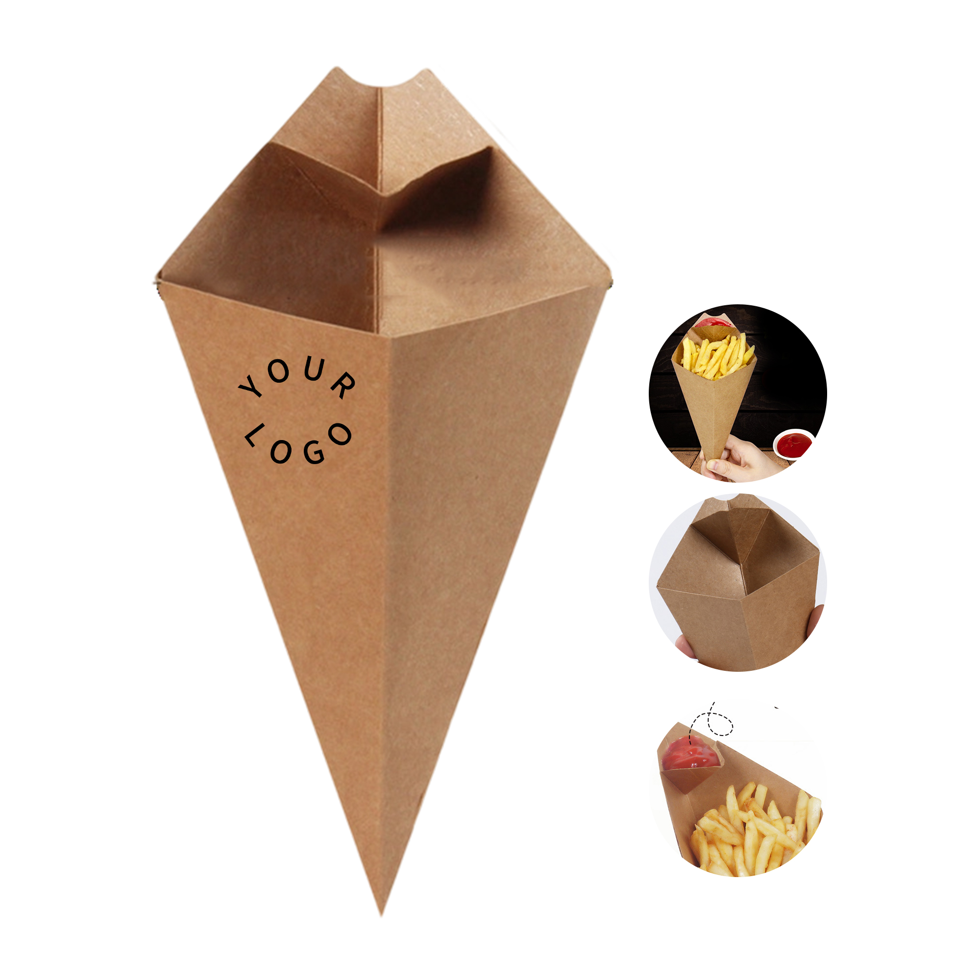 Kraft Paper Cone Holder With Sauce Section 5.3" By 3" By 9" 3