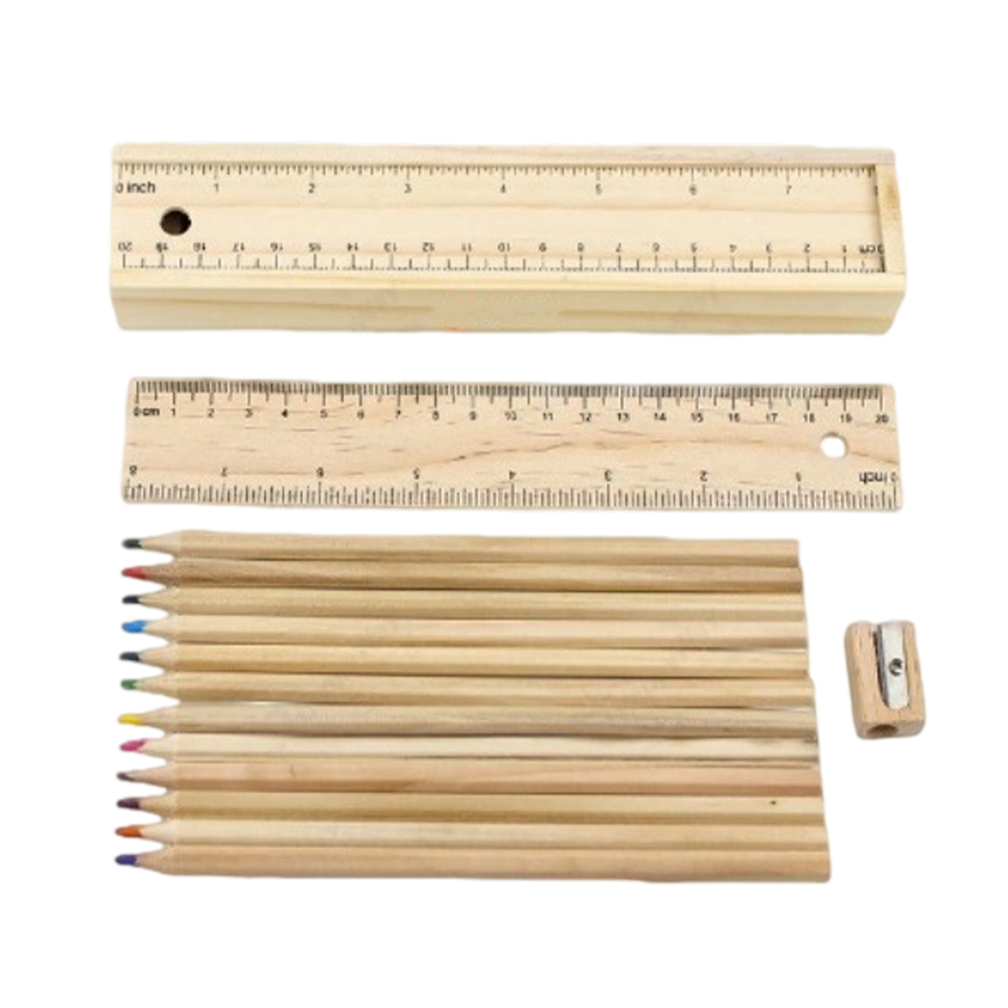 Wooden Ruler Box With Twelve Colored Pencils And Sharpener 2