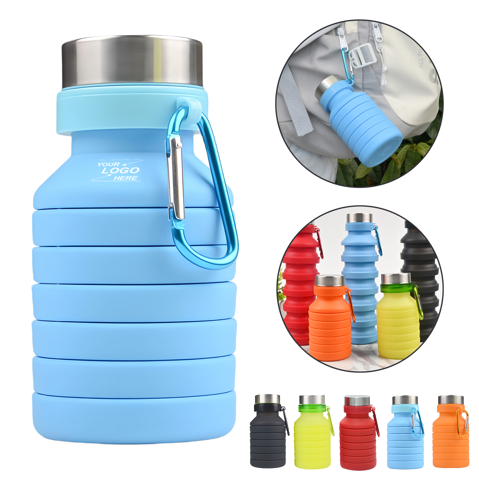 18 Oz Collapsible Silicone Sports Water Bottle with Carabiner 6