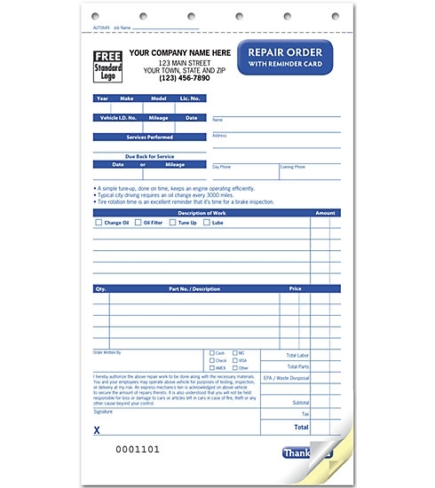 Repair Order with Reminder Card, Carbonless 1